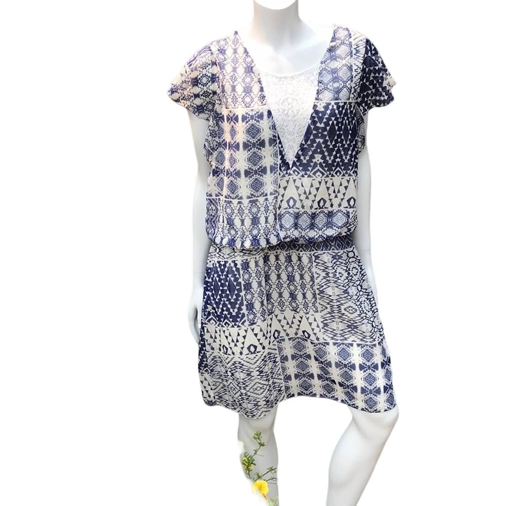 Bisou Bisou Geometric Print Lace V-Neck Dress Blue White Women's Size 14
